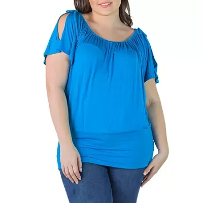 24seven Comfort Apparel Plus Womens Scoop Neck Short Sleeve Tunic Top In Blue