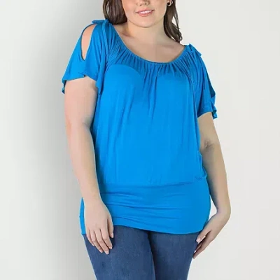 24seven Comfort Apparel Plus Womens Scoop Neck Short Sleeve Tunic Top In Blue