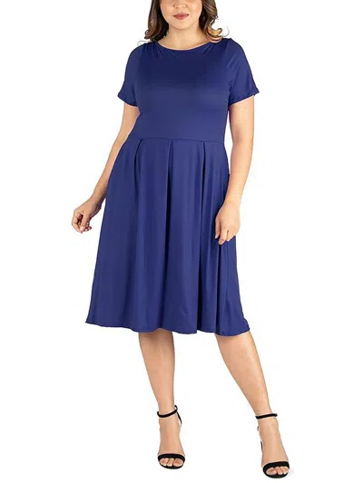 24seven Comfort Apparel Plus Size Short Sleeve Midi Dress With Pockets In Navy