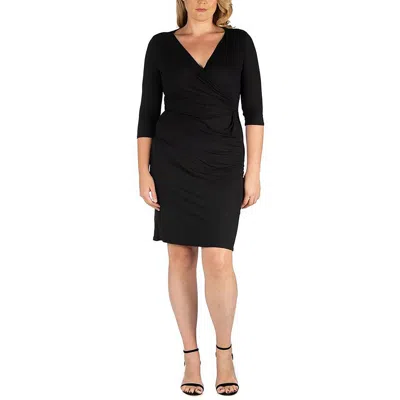 24seven Comfort Apparel Plus Womens Surplice Below Knee Midi Dress In Black