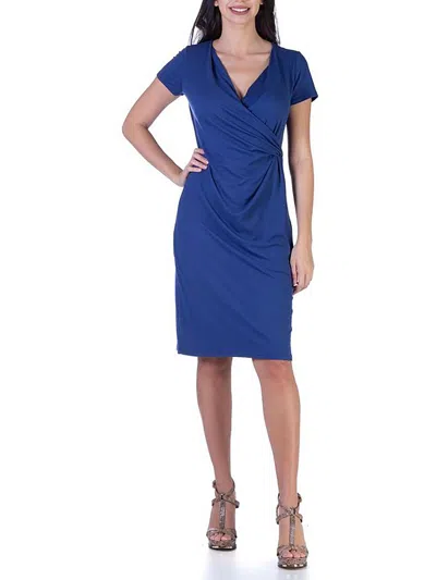 24seven Comfort Apparel Petites Short Sleeve Knee Length Faux Wrap Dress In Blue