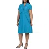 24seven Comfort Apparel Plus Womens Surplice Gathered Wrap Dress In Blue