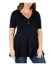 24seven Comfort Apparel Plus Size Elbow Sleeve Henley Tunic Top In Black