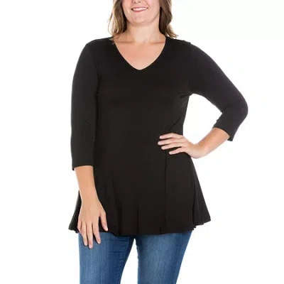 24seven Comfort Apparel Plus Womens V Neck 3/4 Sleeve Tunic Top In Black