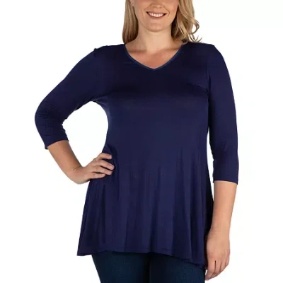 24seven Comfort Apparel Plus Womens V Neck 3/4 Sleeve Tunic Top In Blue