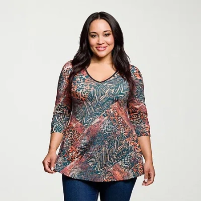 24seven Comfort Apparel Plus Womens V Neck 3/4 Sleeve Tunic Top In Multi