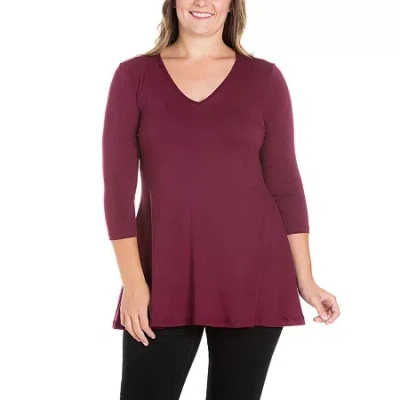 24seven Comfort Apparel Plus Womens V Neck 3/4 Sleeve Tunic Top In Red