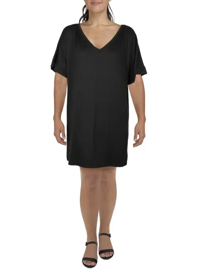 24seven Comfort Apparel Plus Womens V-neck Mini T-shirt Dress In Black