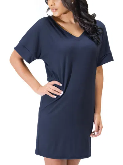 24seven Comfort Apparel Plus Womens V Neck Short Sleeve Pullover Top In Blue