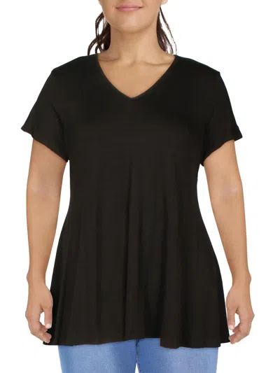24seven Comfort Apparel Plus Womens V-neck Short Sleeve Tunic Top In Black
