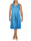 24seven Comfort Apparel Fit And Flare Sleeveless Maternity Midi Dress With Pockets In Blue