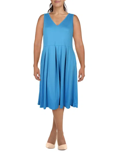 24seven Comfort Apparel Plus Womens V-neck Sleeveless Midi Dress In Blue