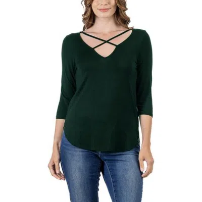 24seven Comfort Apparel Plus Womens V Neck Three Quarter Sleeve Pullover Top In Black