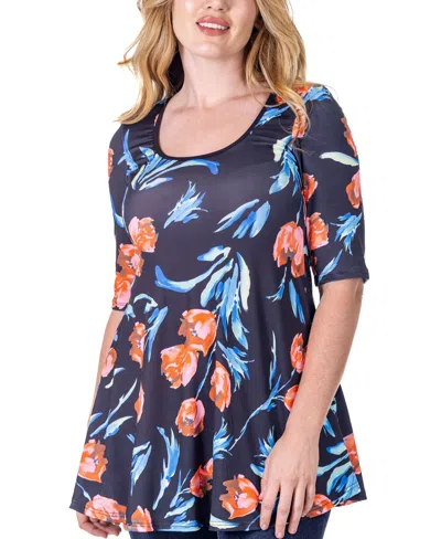 24seven Comfort Apparel Print Elbow Sleeve Casual Tunic Top In Miscellane