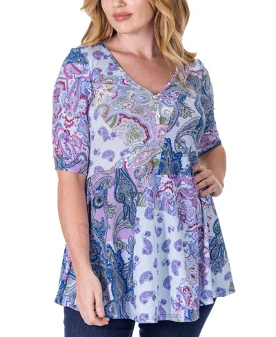 24seven Comfort Apparel Print Elbow Sleeve V Neck Henley Tunic Top In Miscellane