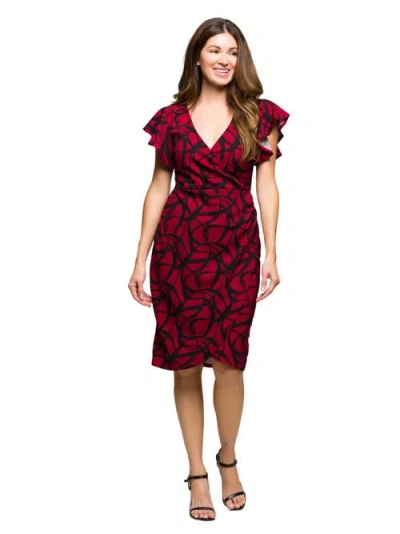 24seven Comfort Apparel Women's Burgundy Print Flutter Sleeve Faux Wrap Dress In Multi