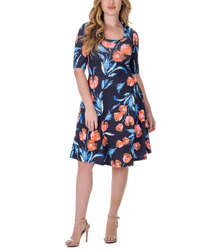 24seven Comfort Apparel Print Knee Length Elbow Sleeve Dress In Miscellane