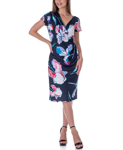 24seven Comfort Apparel Print Knee Length Short Sleeve Faux Wrap Dress In Miscellane