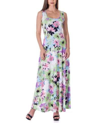 24seven Comfort Apparel Print Scoop Neck A Line Sleeveless Maxi Dress In Miscellane