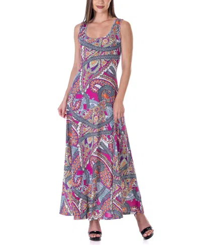 24seven Comfort Apparel Print Scoop Neck A Line Sleeveless Maxi Dress In Miscellane