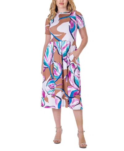24seven Comfort Apparel Print Short Sleeve Pleated Flare Midi Pocket Dress In Multi