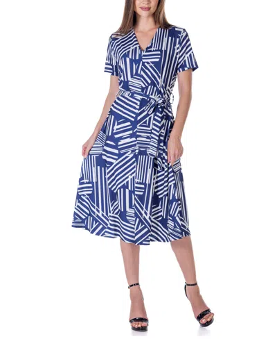 24seven Comfort Apparel Print Short Sleeve Tie Waist Midi Dress In Blue