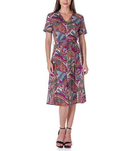 24seven Comfort Apparel Print Short Sleeve Tie Waist Midi Dress In Miscellane