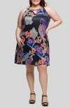 24seven Comfort Apparel Plus Size Knee Length Print Sleeveless Keyhole Dress