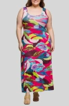 24seven Comfort Apparel Plus Size Scoop Neck A-line Sleeveless Maxi Dress In Blue Multi