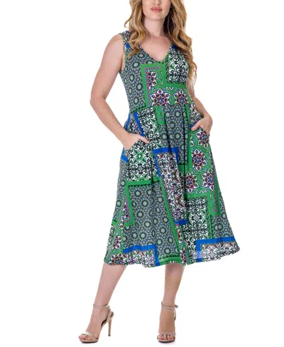 24seven Comfort Apparel Print Sleeveless Pleated Pocket Midi Dress In Miscellane