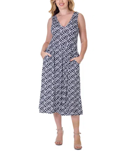 24seven Comfort Apparel Print Sleeveless Pleated Pocket Midi Dress In Miscellane