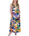 24SEVEN COMFORT APPAREL PRINT SLEEVELESS V NECK MAXI POCKET DRESS