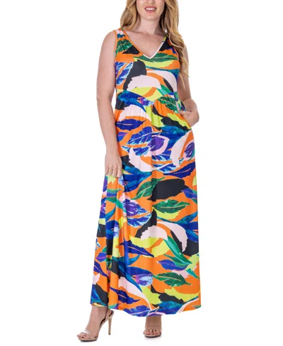 24seven Comfort Apparel Print Sleeveless V Neck Maxi Pocket Dress In Miscellane