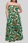 24seven Comfort Apparel Plus Size A-line Strapless Maxi Dress With Pockets In Green Multi