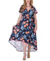 24seven Comfort Apparel Plus Size V Neck Belted High Low Faux Wrap Dress In Miscellane