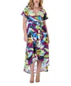 24seven Comfort Apparel Plus Size V Neck Belted High Low Faux Wrap Dress In Miscellane
