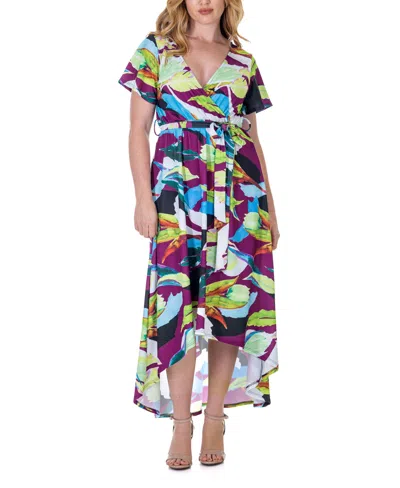 24seven Comfort Apparel Print V Neck Belted High Low Faux Wrap Dress In Miscellane