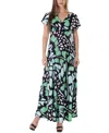 24SEVEN COMFORT APPAREL PRINT V NECK EMPIRE WAIST KIMONO CAP SLEEVE MAXI DRESS