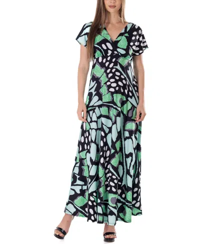 24seven Comfort Apparel Print V Neck Empire Waist Kimono Cap Sleeve Maxi Dress In Miscellane