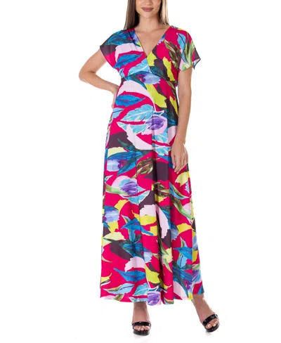 24seven Comfort Apparel Print V Neck Empire Waist Kimono Cap Sleeve Maxi Dress In Miscellane