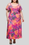 24seven Comfort Apparel Plus Size Cold Shoulder Ruffle Sleeve A-line Maxi Dress In Pink