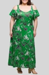 24seven Comfort Apparel Plus Size Cold Shoulder Ruffle Sleeve A-line Maxi Dress In Green