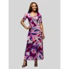 24seven Comfort Apparel Purple Floral Print Elbow Sleeve Casual A-line Maxi Dress In Purple