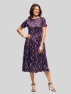 24seven Comfort Apparel Women's Purple Print Short Sleeve Pleated Flare Midi Pocket Dress In Purple