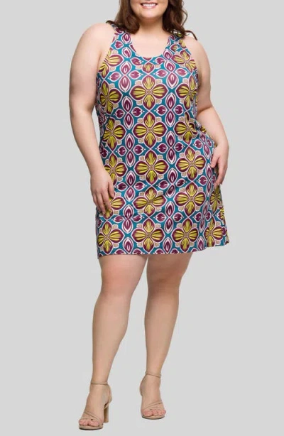 24seven Comfort Apparel Plus Size Print Sleeveless Knee Length Shift Dress In Multi