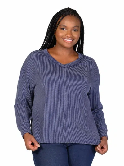 24seven Comfort Apparel Womens Relaxed Fit Ribbed Knit V Neck Sweater Top In Blue