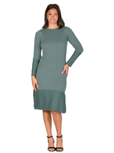24seven Comfort Apparel Ribbed Knit Long Sleeve Split Hem Sweater Dress In Green