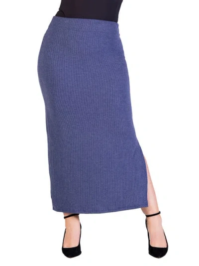 24seven Comfort Apparel Ribbed Knit Side Slit Elastic Waist Maxi Skirt In Blue