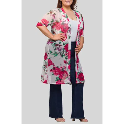 24seven Comfort Apparel Plus Size Sheer Floral Knee Length Duster Cardigan Sweater In Multi