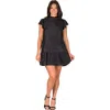 24seven Comfort Apparel Petites Ruffle Cap Sleeve High Neck Pleated Tiered Mini Dress In Black